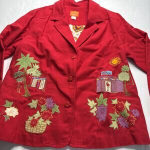 Y2K Jacket Women Red beach palm trees Island stitched Sz 16 Vtg New Tropical